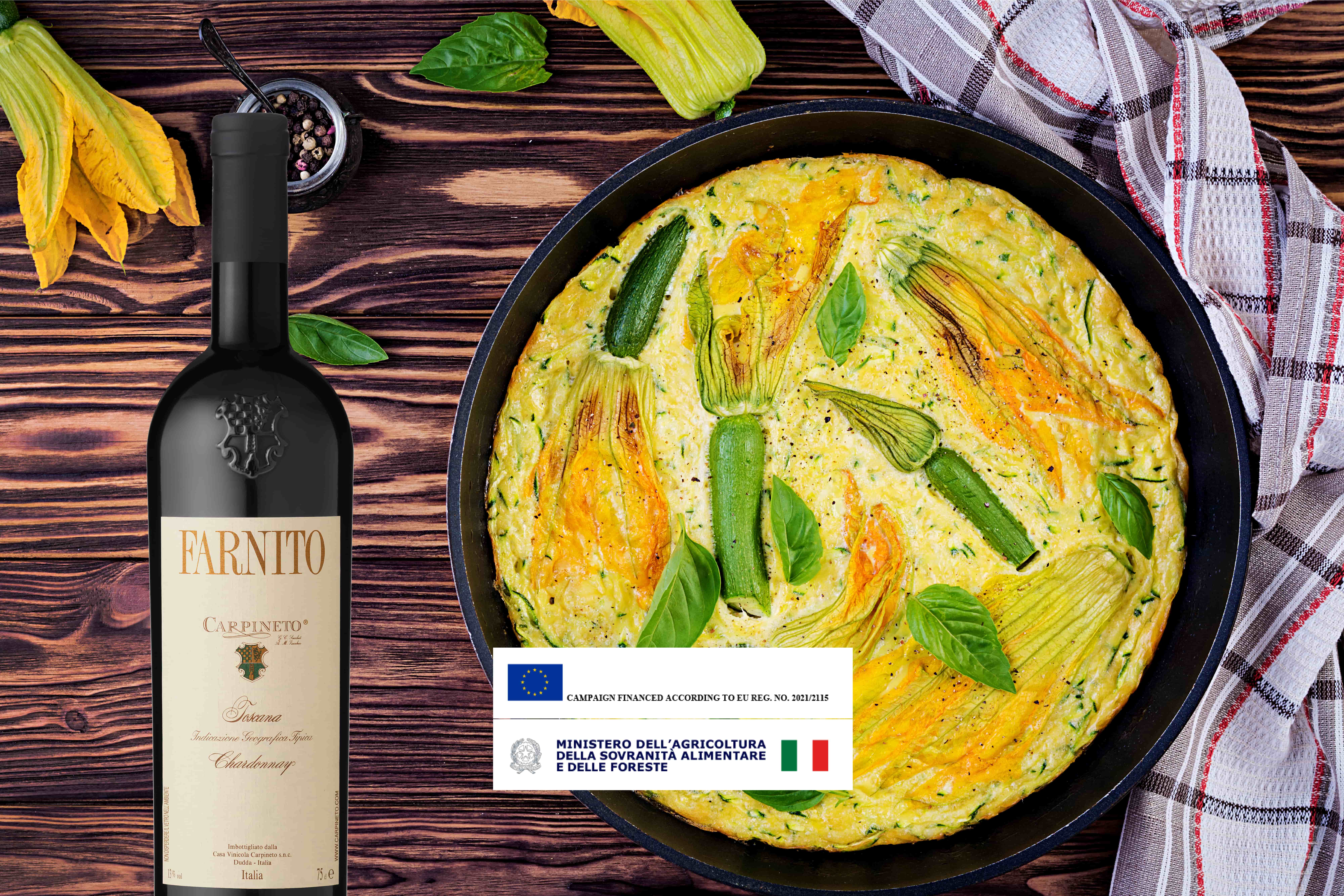 The right bottle for a delicious green aperitif: zucchini blossoms schiacciata with Farnito Chardonnay
